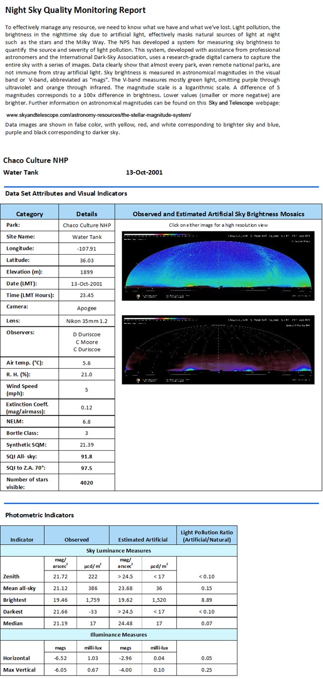 lt= Sample night sky monitoring report from Chaco Culture National Historic Park. NPS Photo