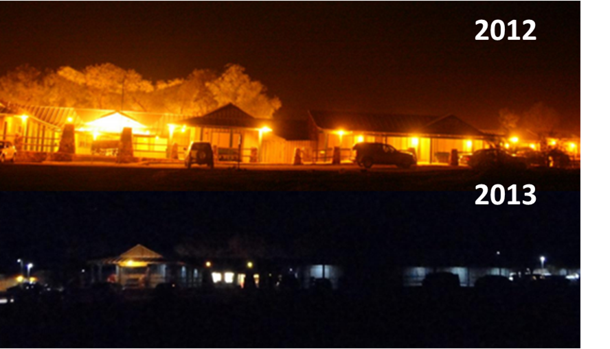Lighting at Stovepipe Wells Hotel in Death Valley National Park. Before and after lighting retrofit.