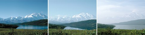 Air pollutants and wildfire smoke can reduce visibility at Denali NP & Pres, Alaska (clear to hazy from left to right) Air pollutants and wildfire smoke can reduce visibility at Denali NP & Pres, Alaska (clear to hazy from left to right)