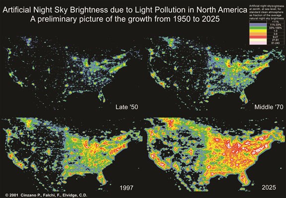 Simulation of light pollution growth in the United States: 1950s, 1970s, 1990s, and projected to 2025. Graphic by Cinzano, P., Falchi, F. (University of Padova), Elvidge, C. D. (NOAA National Geophysical Data Center, Boulder). Copyright Royal Astronomical