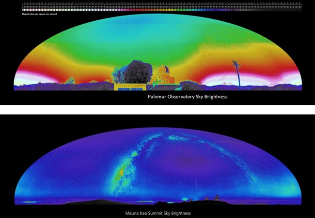 Two major observatories compared, Palomar Mountain, California in 2006, and Mauna Kea, Hawaii in 2011.