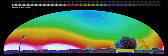 False color negative, panoramic image from Palomar Observatory (California Institute of Technology) identifies natural and human-caused sky brightness