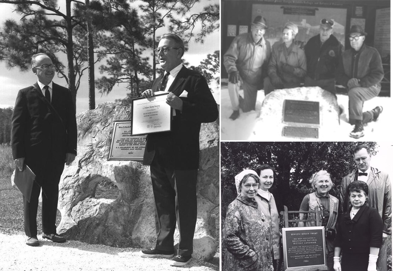 Collage of historic photos of people posing around plaques