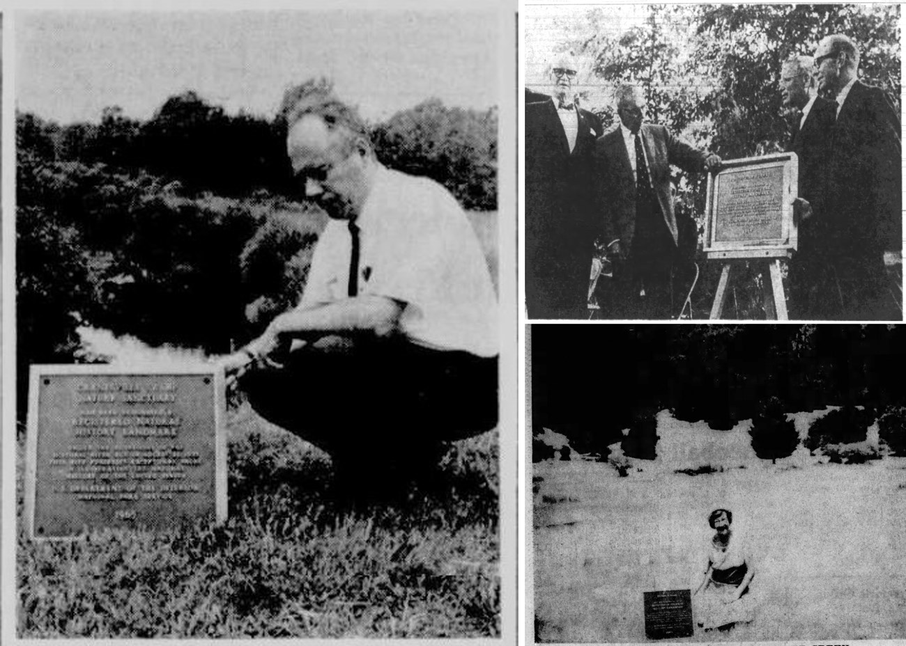 Collage of three historic photos depicting people next to plaques