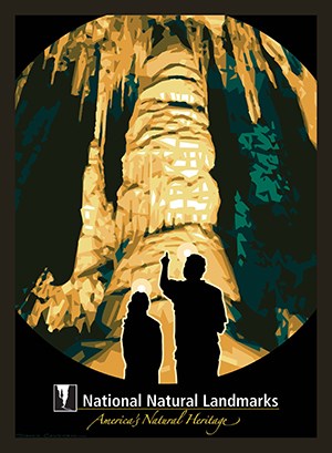 Exploring the cave Graphic drawing of two people exploring a cave feature