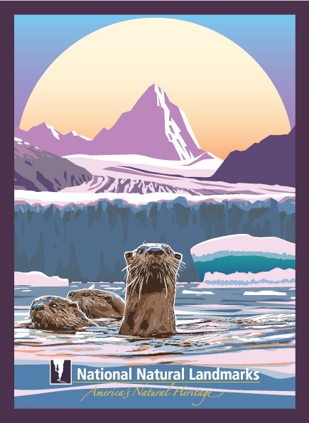 graphic artwork showing otter swimming in foreground and a glacier mountain in background