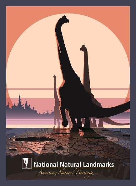Graphic drawing of three dinosaurs walking away leaving footprints in mud