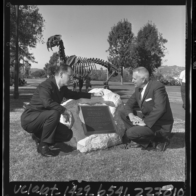 Historic image of two men next to plaque with dinosaur skeleton in background