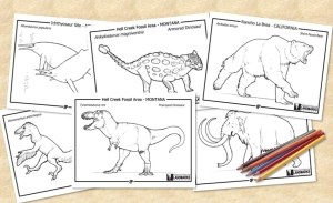 coloringpage_featuregrid2 Black and white lie drawings depicting dinosaurs and prehistoric mammals with a bundle of colored pencils