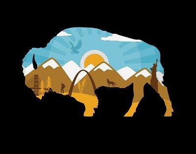 Siloutte of a bison filled with illustrations of park images including a sun rising over mountains in a desert with wildlife
