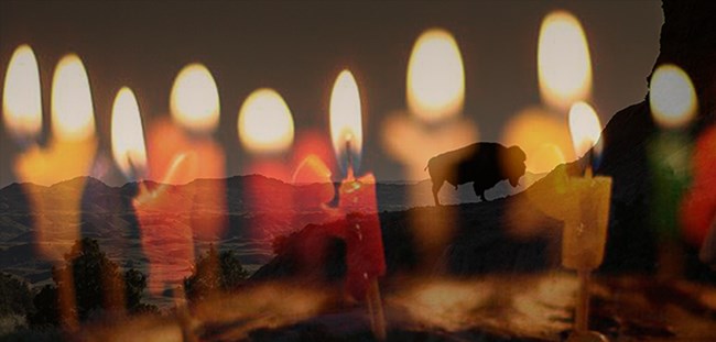 Birthday candles superimposed over image of bison on ridgeline
