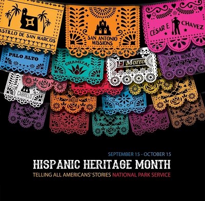 Stings of papel picado depicting parks and text "September 15-October 15 Hispanic Heritage Month Telling All Americans' Stories National Park Service"