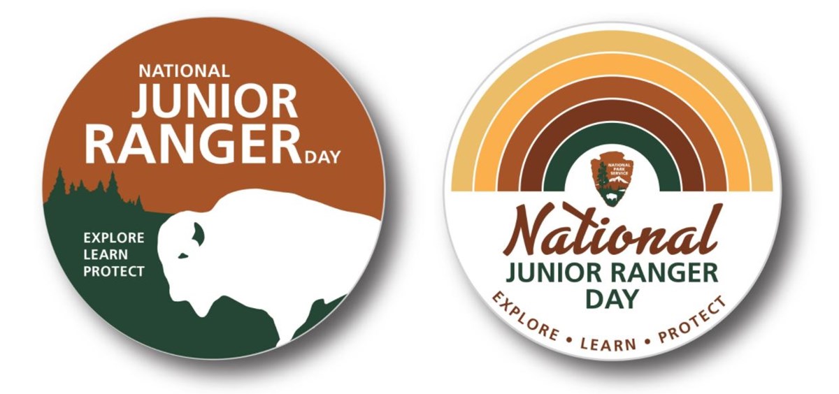 Button with a bison and trees graphic with text "NATIONAL JUNIOR RANGER DAY EXPLORE LEARN PROTECT" and button with NPS arrowhead and earth-tone rainbow and text "National Junior Ranger Day EXPLORE LEARN PROTECT"