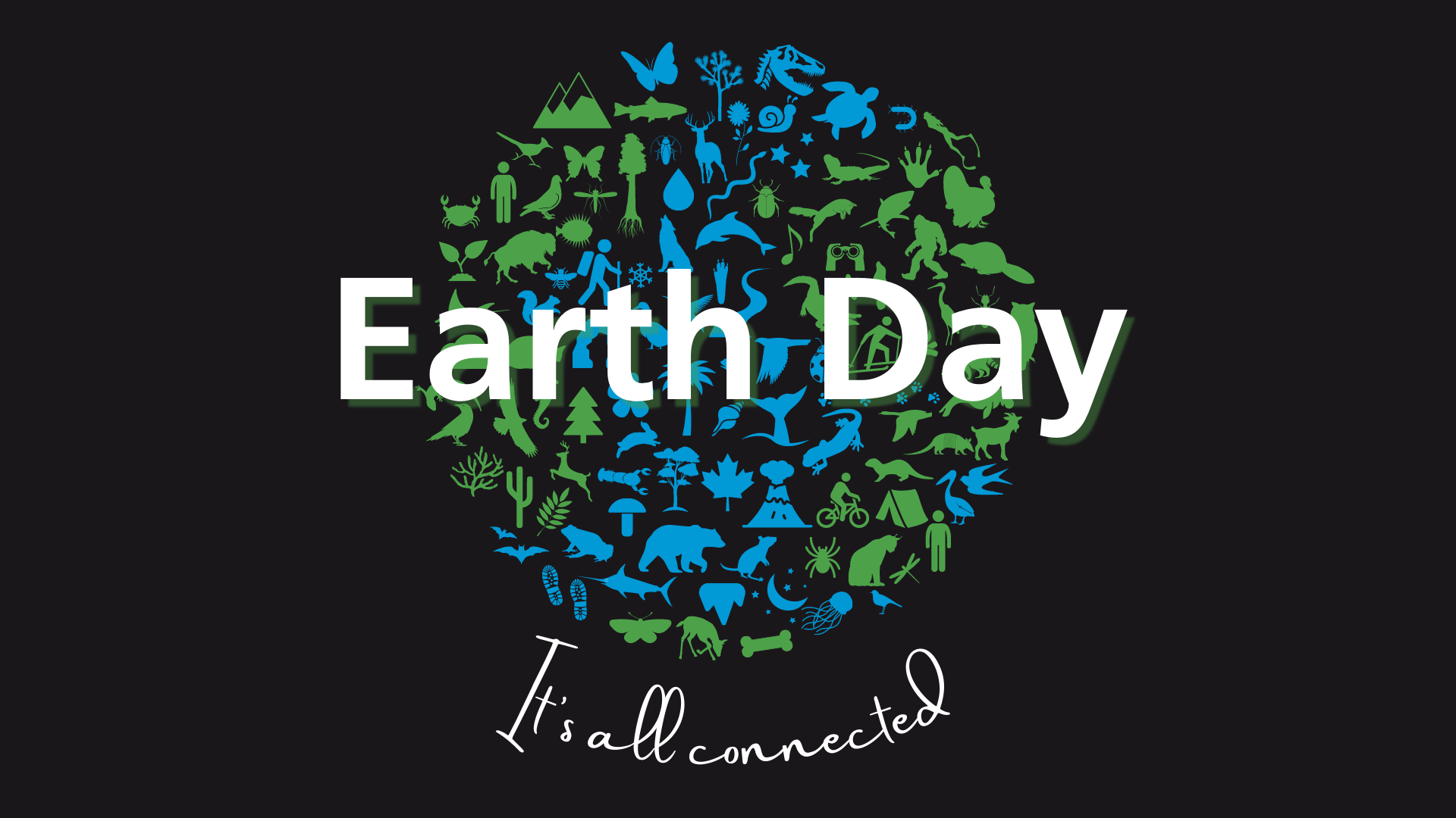 Illustration of a planet made out of park-related shapes with text reading "Earth Day. It's all connected"