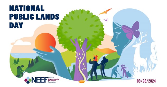 Graphic reading "NPLD. National Public Lands Day, National Park Service" with illustrations of visitors doing various park activities like scuba diving, hiking, kayaking, and picking up trash