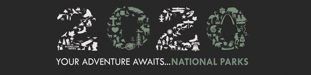 NPS 2020 Graphic Graphic of "2020" made of various shapes and text reading "Your Adventure Awaits...National Parks"
