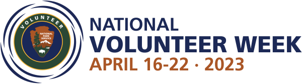 A logo with the words "National Volunteer Week / April 16-22, 2023. To the left of the words is a graphic with a circular logo with 8 curved blue line segements representing ripples extending outward. The circular logo contains a blue circle nested in a g