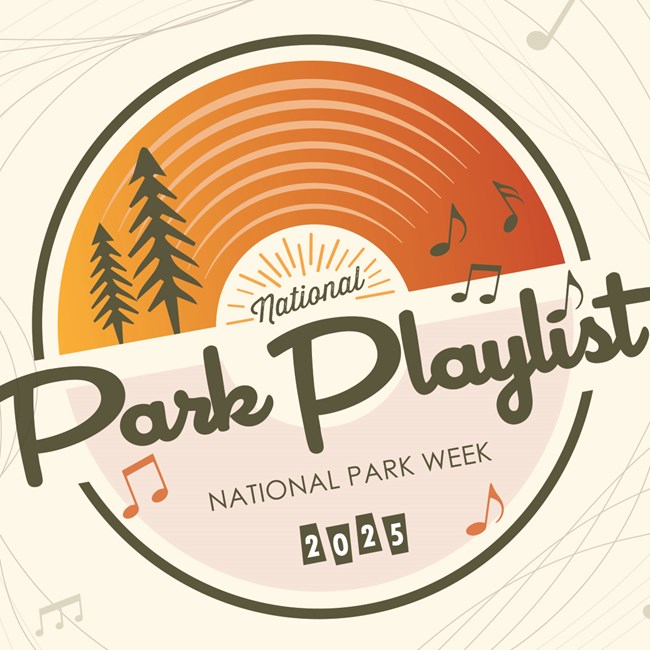 Illustration of a music CD labeled "National Park Playlist National Park Week 2025" over musical notes