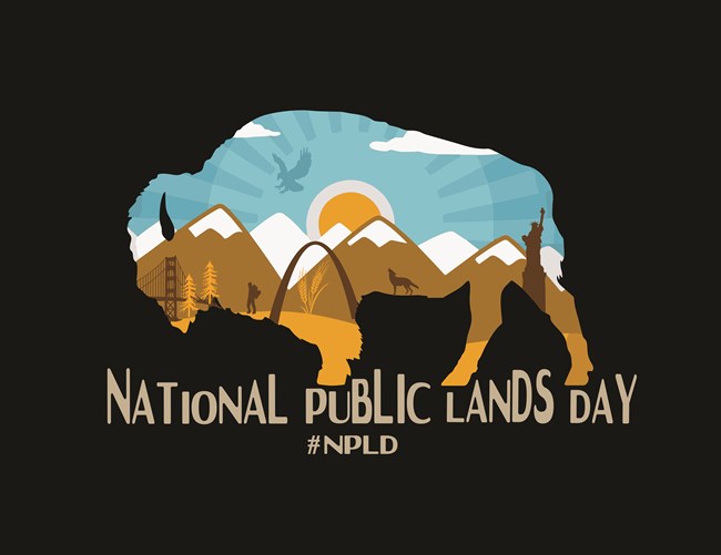 Silhouette of a bison filled with illustrations of national park scenes and text underneath reading "National Public Lands Day #NPLD"
