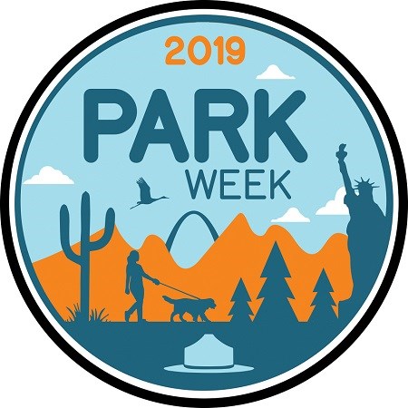 Graphic reading "2019 Park Week" with images of a ranger hat, saguaro, person walking dog, trees, mountain, bird Statue of Liberty, and Gateway Arch