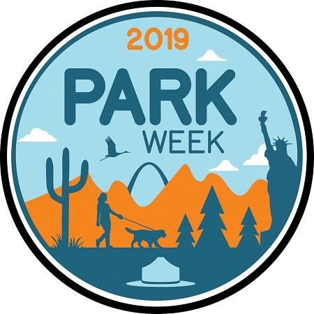 PARK WEEK LOGO 2 Graphic reading "2019 Park Week" with images of a ranger hat, saguaro, person walking dog, trees, mountain, bird Statue of Liberty, and Gateway Arch