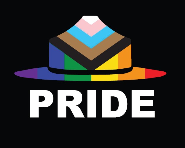Word "Pride" underneath a graphic of a ranger hat made of rainbow colors