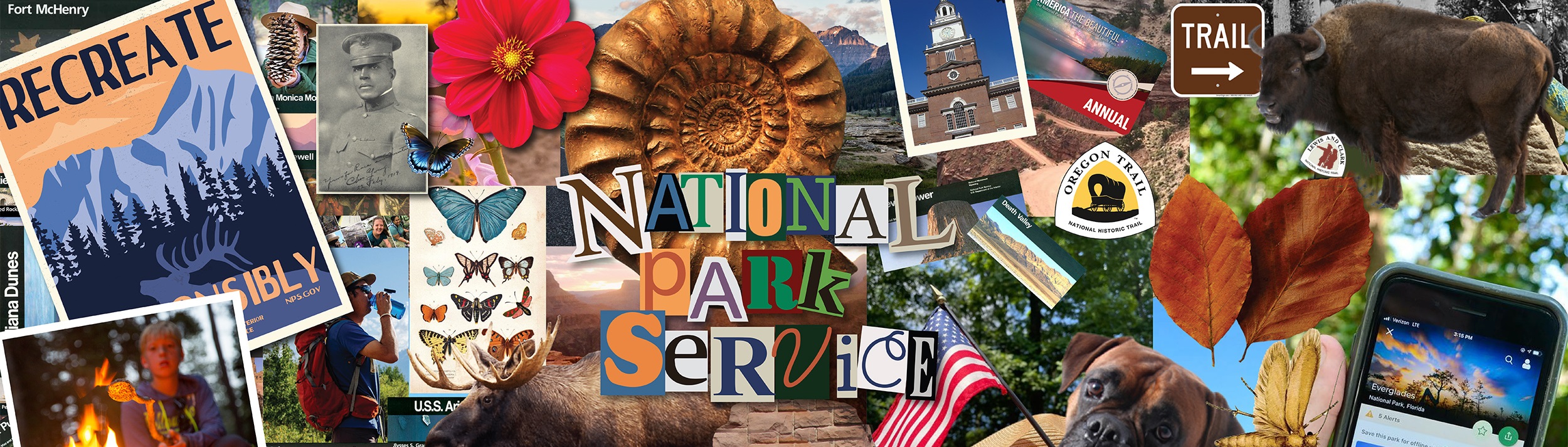 Collage of park-related images with text reading "National Park Service"