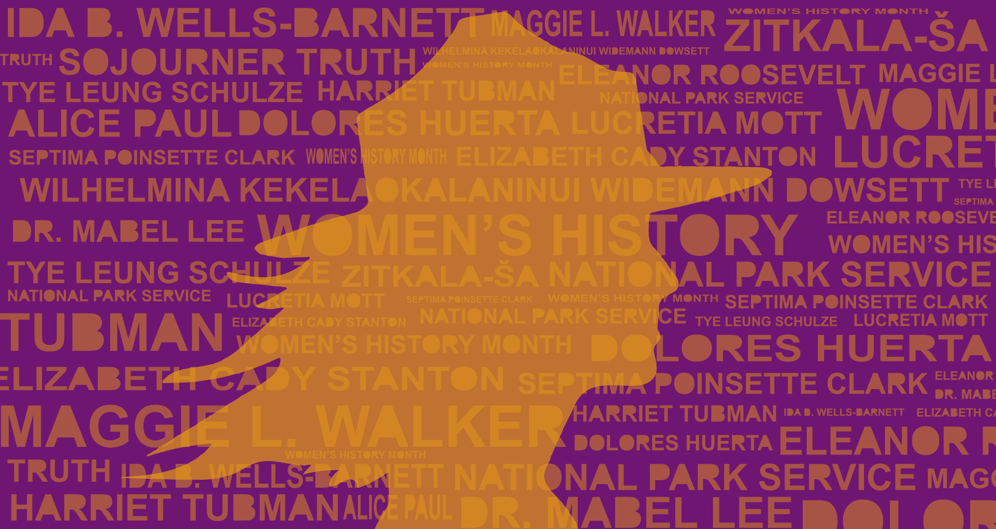 Graphic of a ranger silhouette on top of the names of many women from history