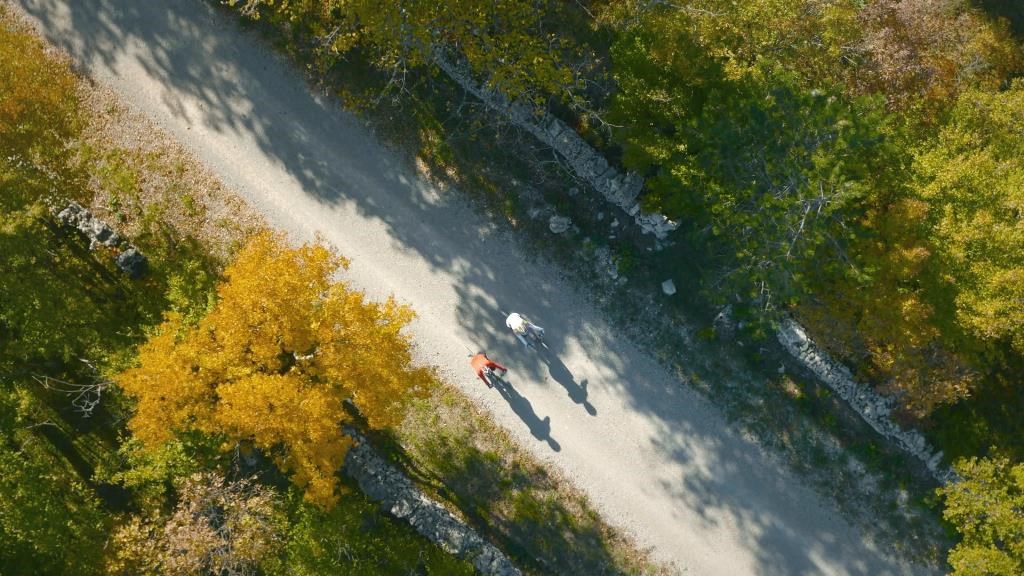 bicyclists on paved trail aerial view of two bicyclists on a paved trail