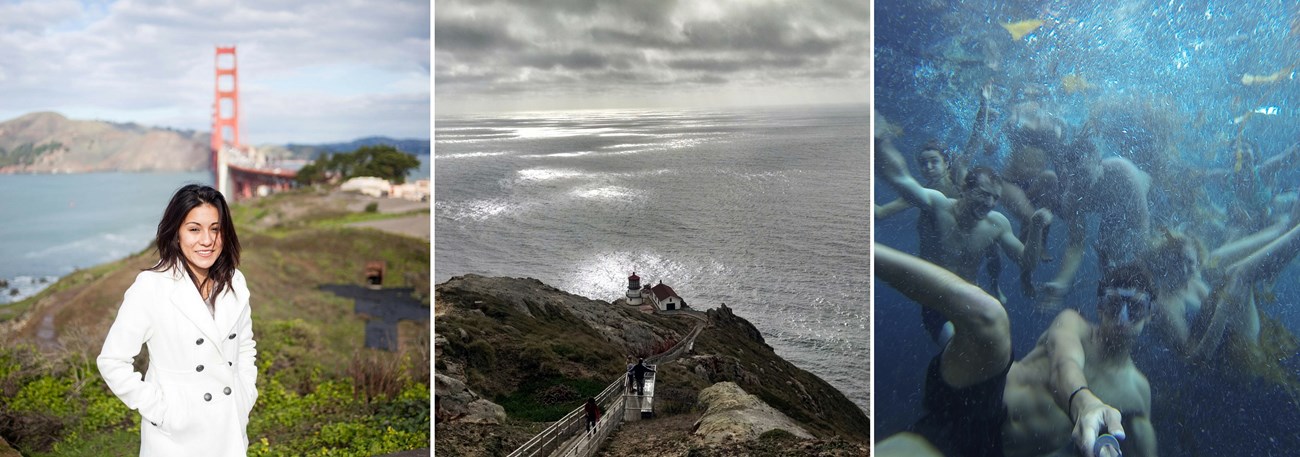 Golden Gate bridge, point eyes lighthouse and a group of people swimming at channel islands national park.
