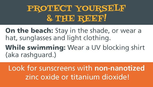 Graphic reads: on the beach stay in the shade or wear a hat, sunglasses, and light clothing. while swimming wear a uv blocking shirt