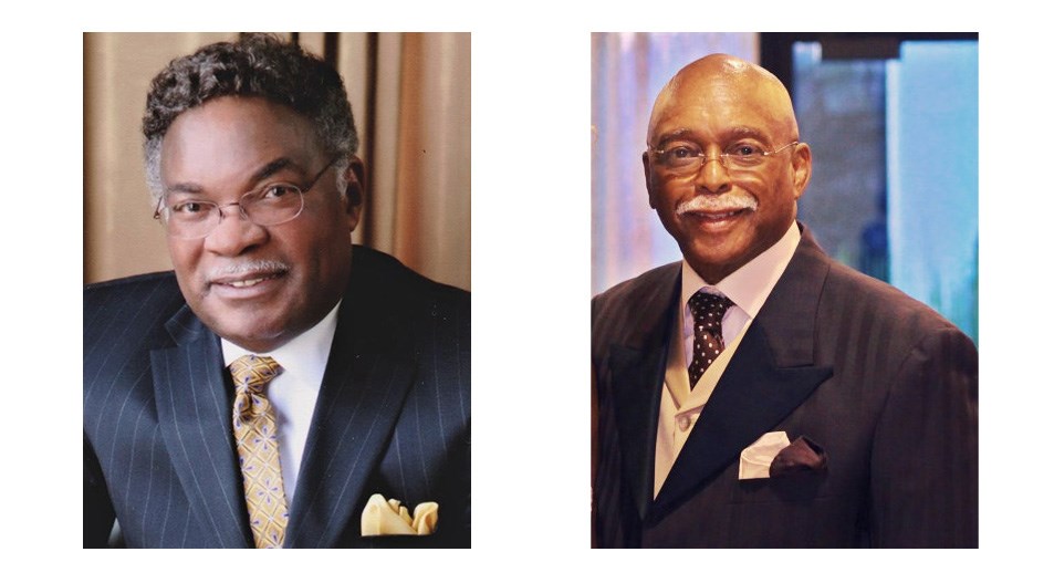 Individual portraits of James Etheredge, left, and Thaddeus Bell, right, both African American men wearing suits and ties and glasses