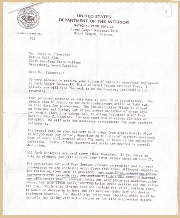 Formal letter with Department of Interior letterhead to James Etheredge, describing employment at Grand Canyon National Park