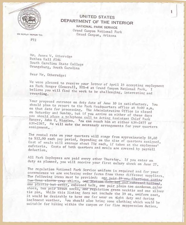 Letter to James Etheredge Formal letter with Department of Interior letterhead to James Etheredge, describing employment at Grand Canyon National Park
