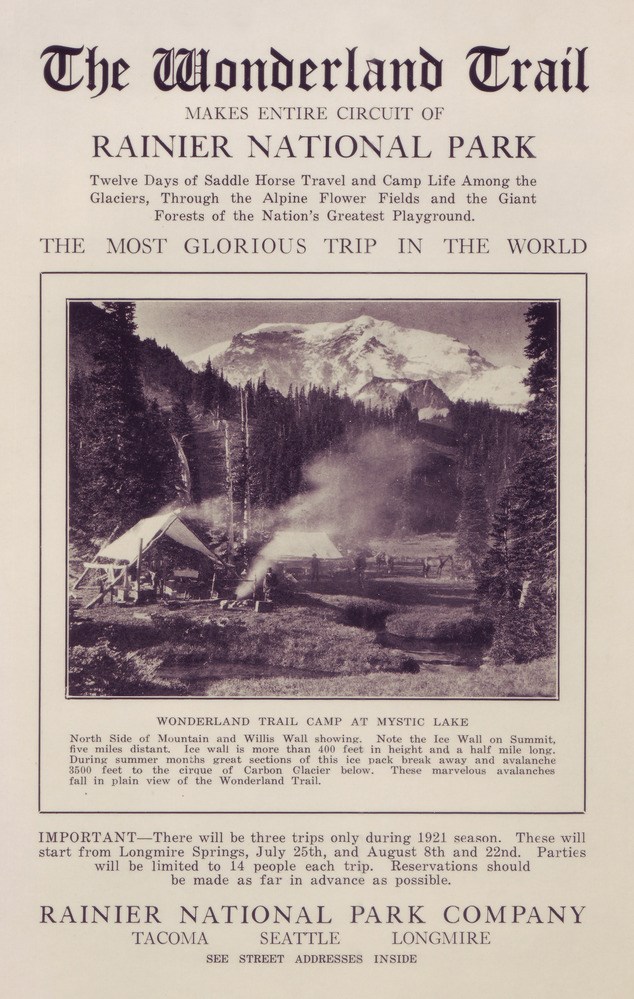 1921 Rainier National Park Company Brochure featuring the Wonderland Trail The cover page of a historic brochure reading "The Wonderland Trail: The Most Glorious Trip in the World"