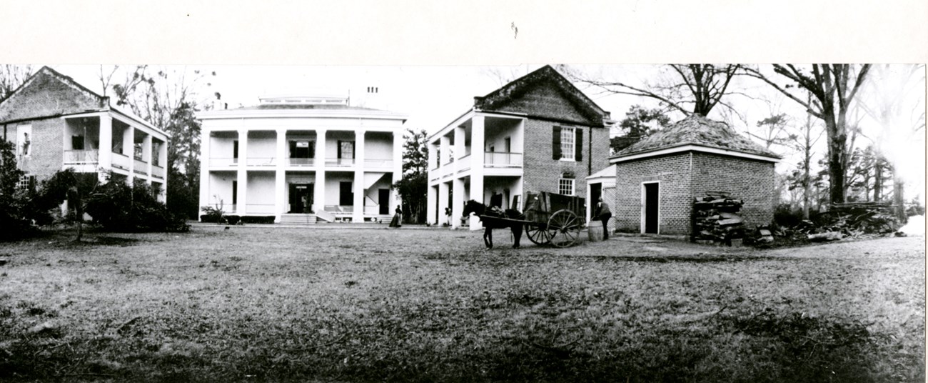 Three large, two-story structures with columns and porches are arranged to form a courtyard. A horse and carriage stand in the yard.