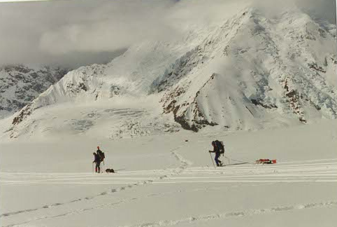 Two people connected by a rope cross a snowy expanse at Denali National Park in front of steep mountains.