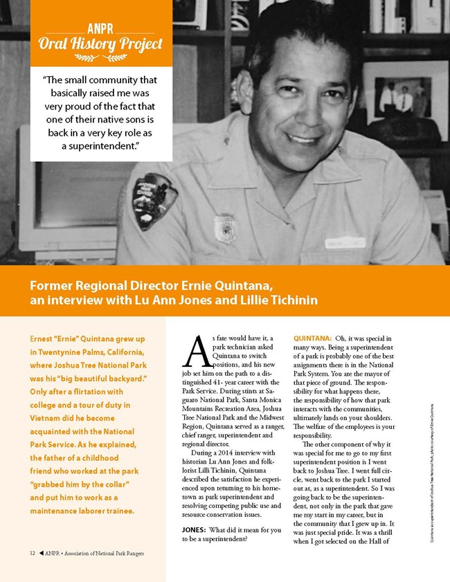 A page from the ANPR Oral History Project with photo of Ernie Quintana, interview excerpts, and narrative.