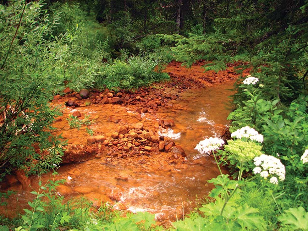 Oxidized iron sediments in Soda Butte Creek downstream of the McLaren Mill and Tailings site in 2009