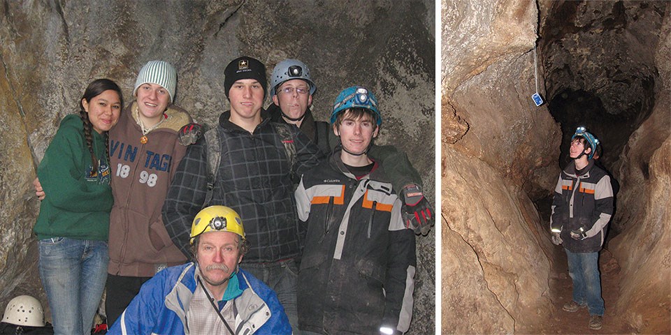 Left: Bigfork High School Cave Club members. Right: Bigfork High School Cave Club member inspects the data logger.