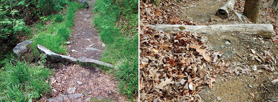 Left: A trail drainage feature constructed of rock. Right: A trail drainage feature constructed of wood.