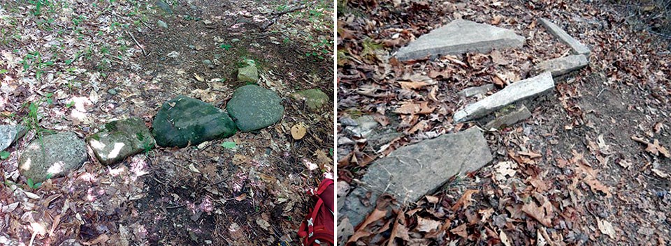 Left: Rocks are laid side by side in this flush-constructed trail waterbar. Right: Rocks are stacked above and below one another in this example of a stacked waterbar.