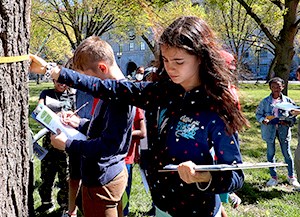 A group of young people stand around a large tree. In front, a girl with a clipboard holds a measuring tape around the tree. Measuring the diameter of a tree.