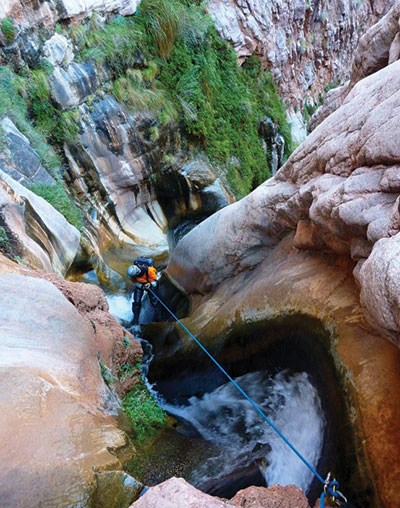 Backcountry ranger Matt Jenkins descends Garden Creek on rope rappel during a winter monitoring patrol.