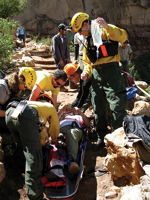 PSAR rangers and helitack staff rescue a hiker on the Bright Angel Trail.
