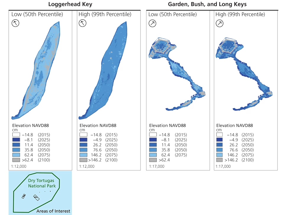 Four maps: 50th and 99th percentile maps for Loggerhead Key (left) and Garden, Bush, and Long Keys (right). Inset: Locator map showing the location of Loggerhead, Garden, Bush, and Long Keys at Dry Tortugas NP. Linked table gives legend rise thresholds.