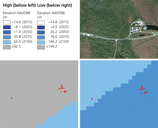 Aerial photo of Ernest F. Coe Visitor Center at Everglades National Park (upper right) and two accompanying inundation projections as described in the caption.