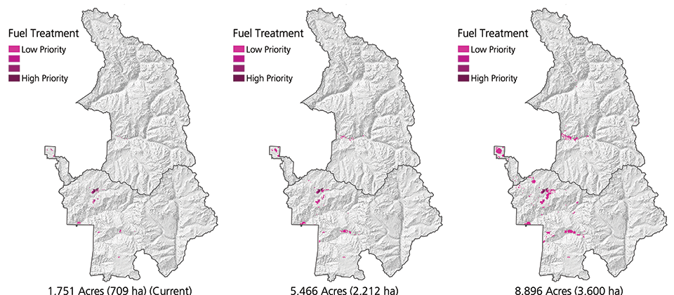 Three maps of Sequoia-Kings Canyon National Park comparing the STARFire-recommended fuel treatments ranging from low to high priority for 1,751-, 5,466-, and 8,896-acre budgets.