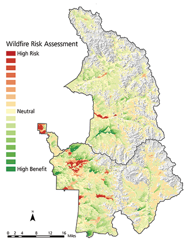 Map of Sequoia–Kings Canyon NPs showing wildfire risk assessment ranging from high risk (in red with least acreage), to neutral (yellow, with second-most area), and to high benefit (green, most area).