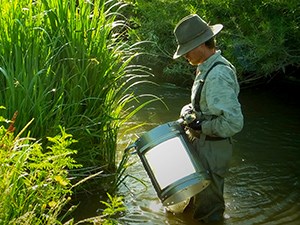 Man holds a Hess sampler as he stands in the Niobrara River surrounded by green vegetation